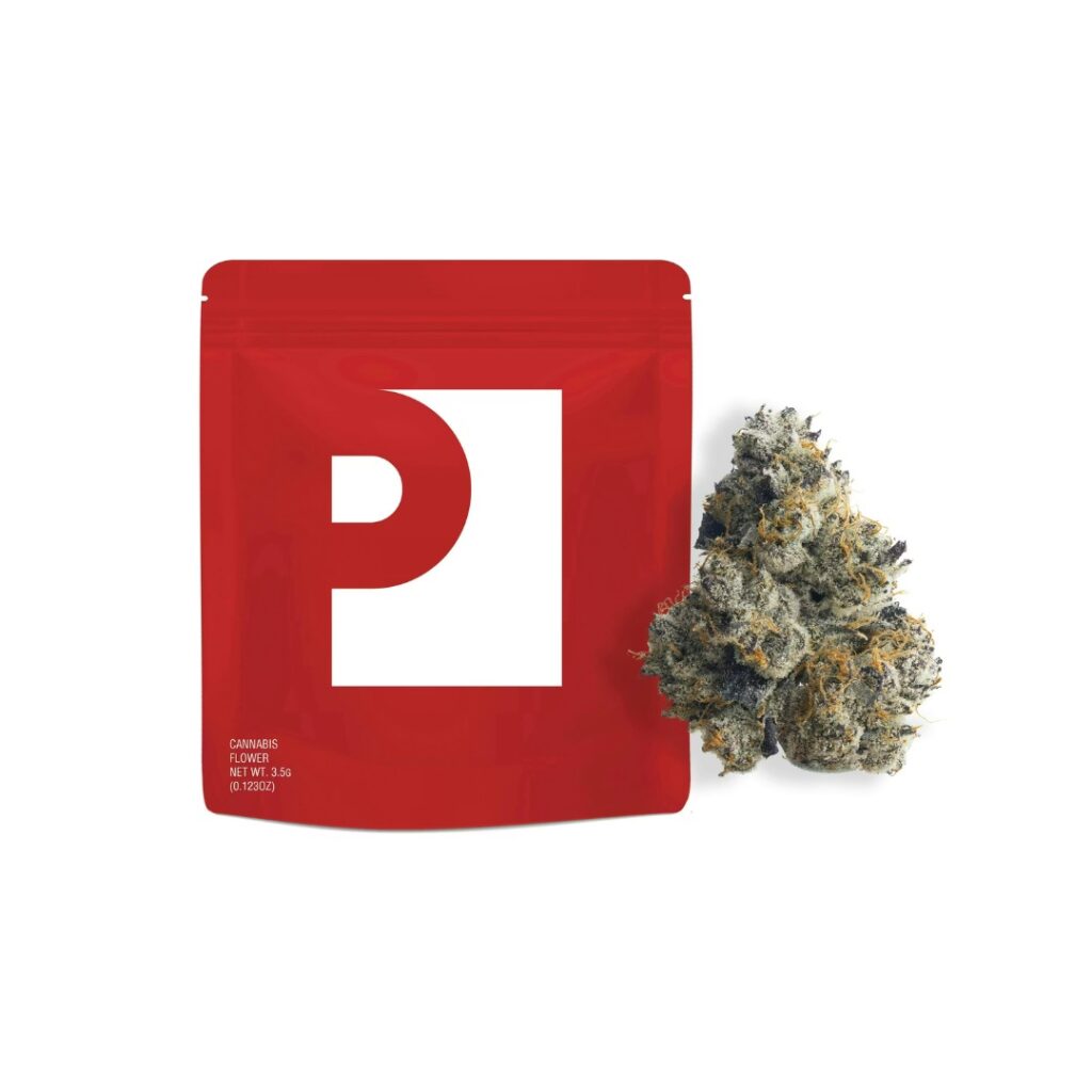 Red cannabis packaging with a bold white P sits next to a dense, frosty Devil Driver strain cannabis bud on a white background.