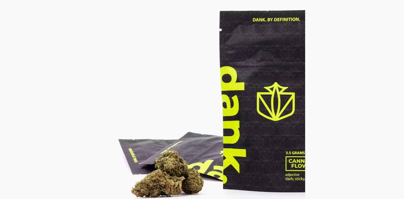 A package of cannabis flower branded dank sits invitingly, with some Golden Goat strain buds displayed in front.