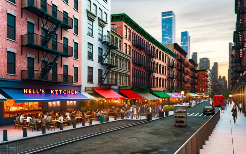 Street in Hells Kitchen, NYC, with vibrant restaurants, outdoor dining, and cityscape in the background.