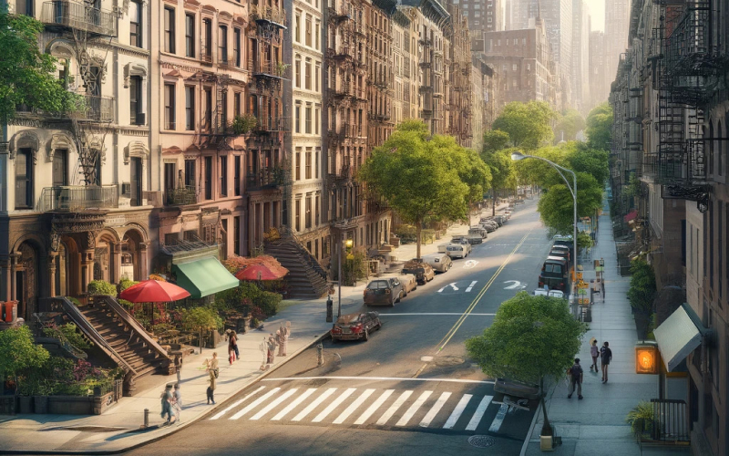 A sunlit city street with trees, parked cars, and pedestrians. Historic buildings line the sidewalk.