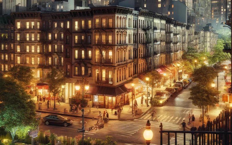 A vibrant city street at night with lit storefronts, pedestrians, and parked cars on a tree-lined, illuminated corner.