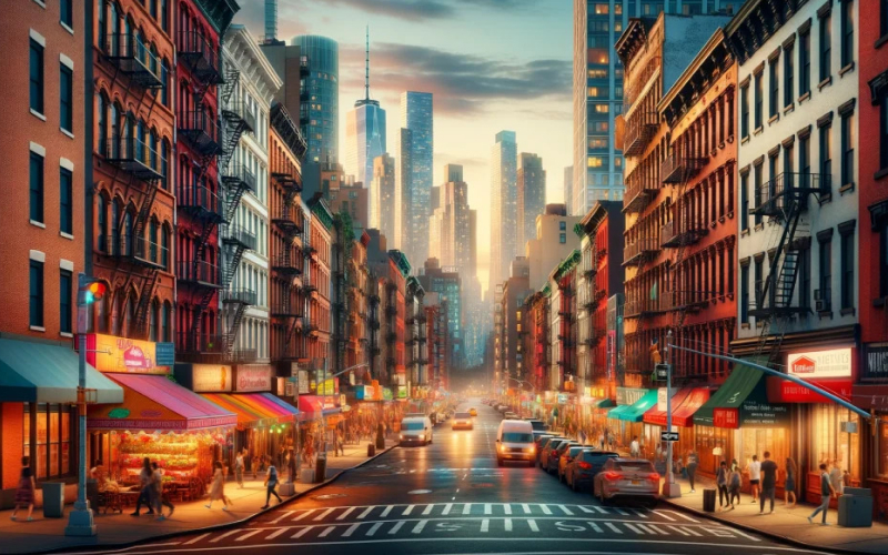 Vibrant city street with colorful store awnings and skyscrapers in the distance during sunset.
