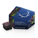 A blue box of WYLD cannabis-infused elderberry gummies beside a single gummy.