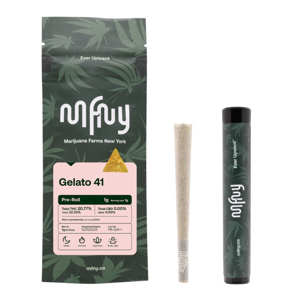 Marijuana pre-roll with MFnuy packaging labeled Gelato 41 alongside its storage tube.