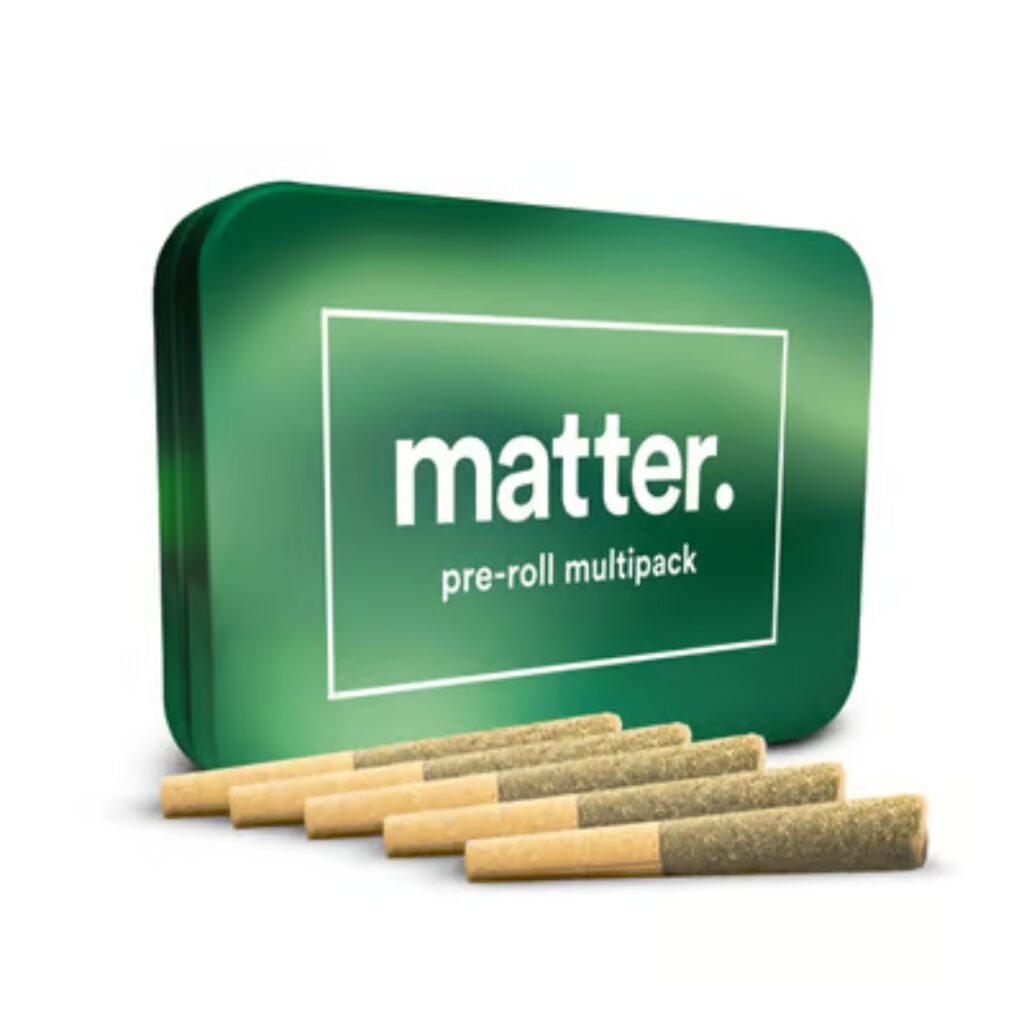 Green box labeled matter. pre-roll multipack with five rolled items in front.
