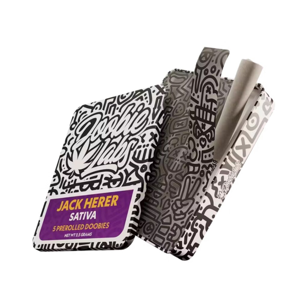 Open pack of Doobie Labs Jack Herer Sativa prerolled doobies with decorative black and white design.