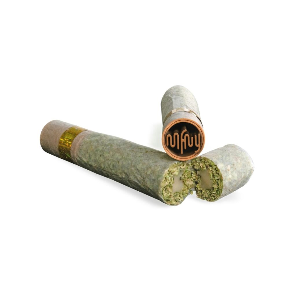 Two neatly rolled MFNY bagelhole hash holes with herbal contents, one split open, showcasing the interior.