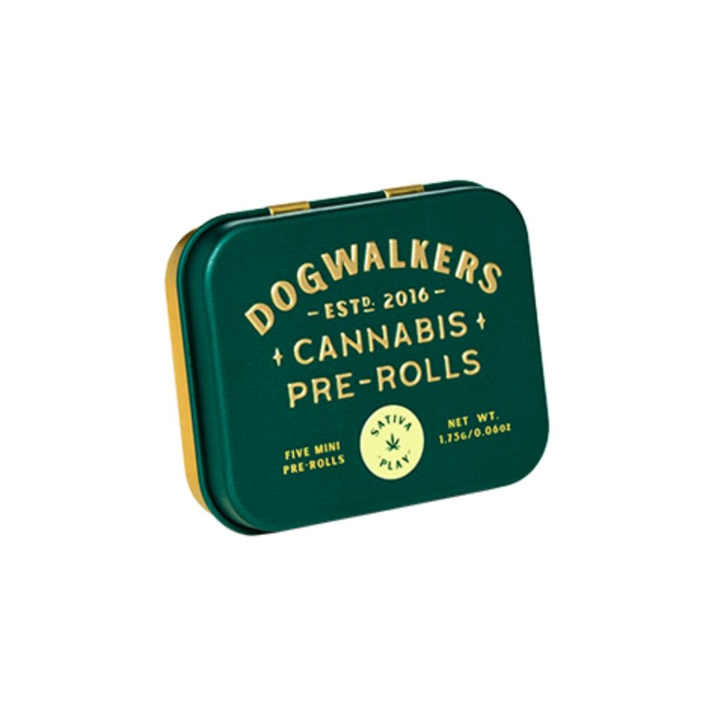 Green tin labeled Dogwalkers Cannabis Pre-Rolls containing five mini pre-rolls filled with premium pre roll weed.