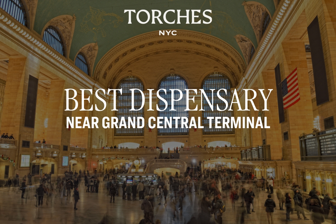 Grand Central Terminal interior with Torches NYC dispensary ad overlay.