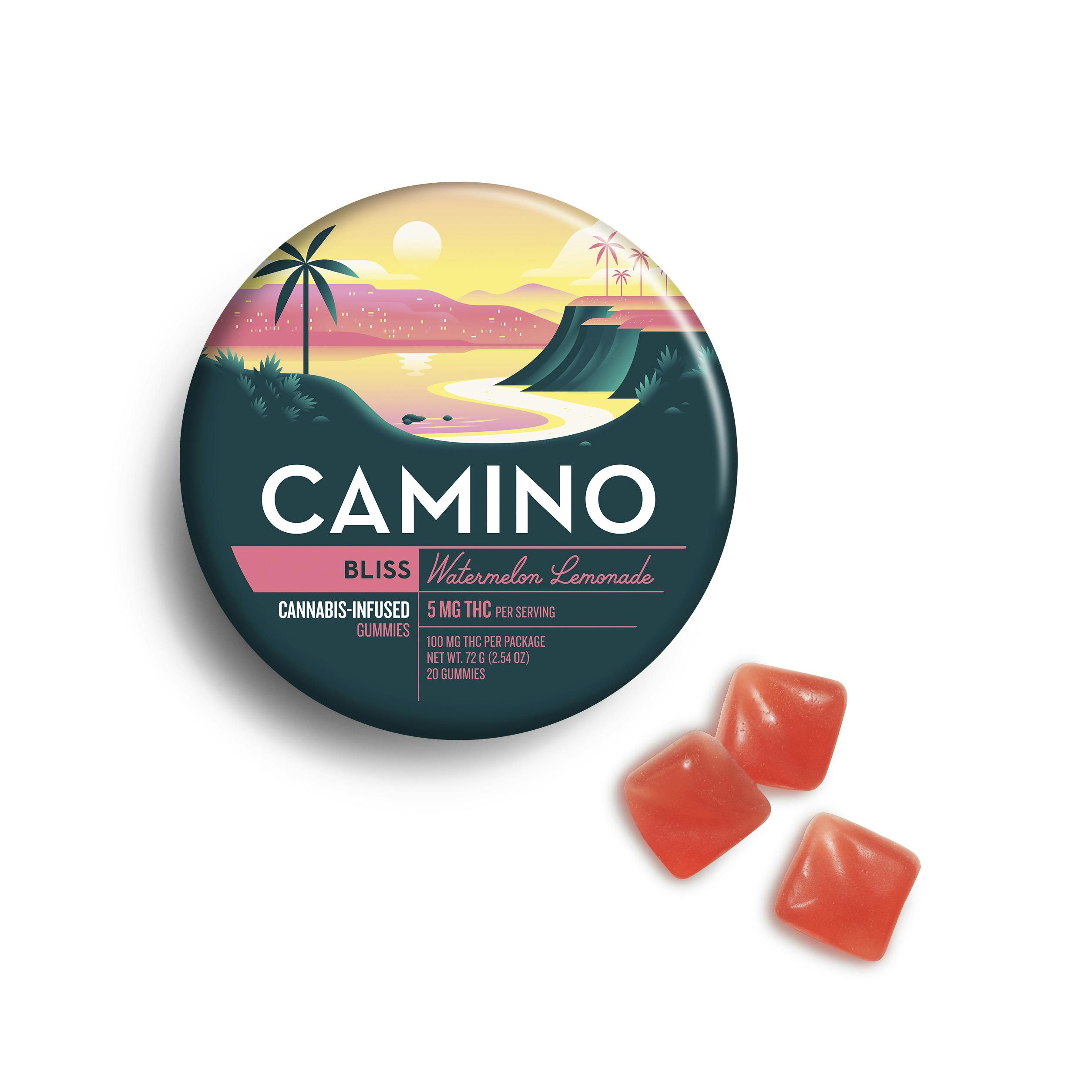 Round tin labeled Camino, featuring watermelon lemonade flavor, with three red Camino gummies beside it.