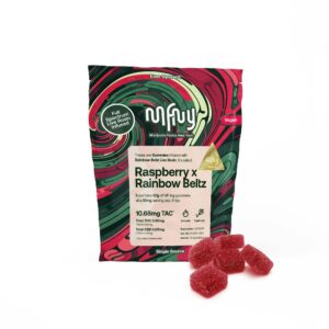 A colorful bag of Mfny Raspberry x Rainbow Beltz gummies with several red gummies in front.