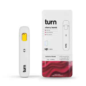 White Turn vape device and its packaging for the cherry bomb flavor, featuring a sleek minimalist design.