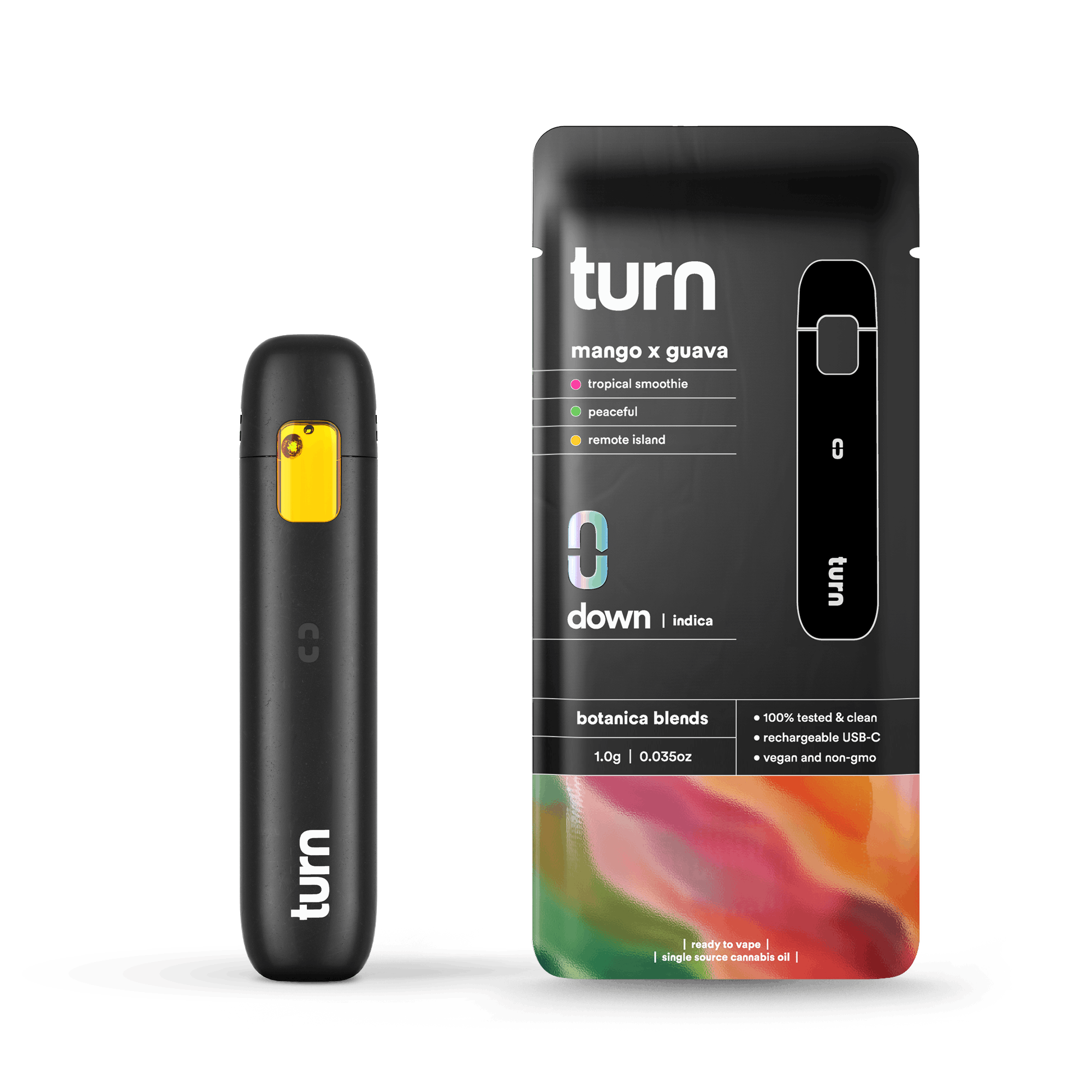 Turn vape device and its packaging with mango x guava flavor, featuring vibrant colors and sleek design.