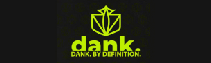 Logo with a green geometric design above the text dank. DANK. BY DEFINITION. on a black background.