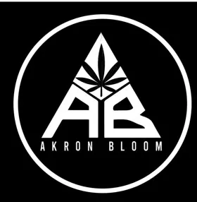 White AB logo with a cannabis leaf above, and AKRON BLOOM text inside a white circle on a black background.