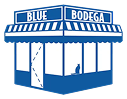 Illustration of a blue corner store named Blue Bodega with a silhouette of a cat in the window.