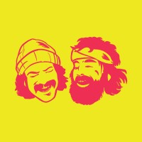 Two smiling, bearded men drawn in pink on a yellow background; one wears a beanie, the other a headband.