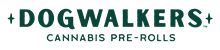 Green text logo reading DOGWALKERS CANNABIS PRE-ROLLS on a transparent background.