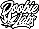 Stylized text Doobie Labs with a smiling cannabis leaf design on a black background.