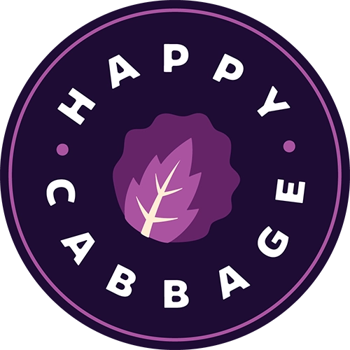 Logo with a purple cabbage illustration in the center and the words Happy Cabbage around it in a circle.