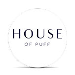 White circle with HOUSE OF PUFF text in the center, shadow below.