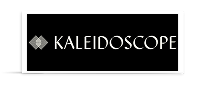 Logo with a diamond shape and the word Kaleidoscope in white on a black background.