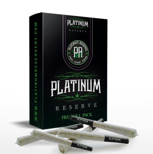 Black box of Platinum Reserve pre-rolls with five cannabis joints in front.