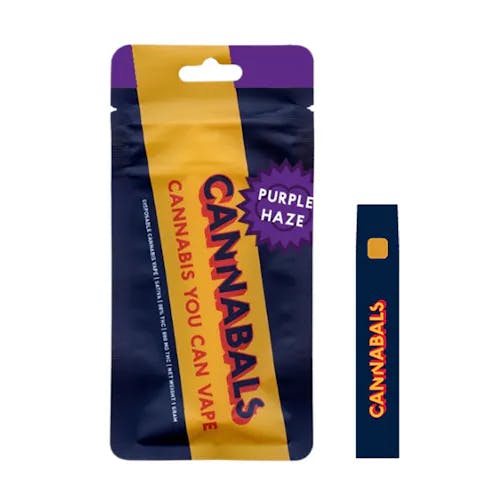 A vape pen and a resealable bag labeled CANNABALS Purple Haze Cannabis You Can Vape.