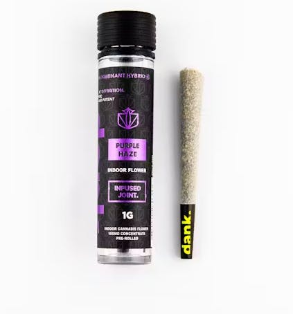 A pre-rolled cannabis joint next to a labeled tube reading Purple Haze Indoor Flower Infused Joint.