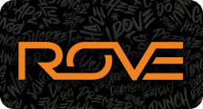 ROVE logo in bold orange letters against a black graffiti-style background with various words.