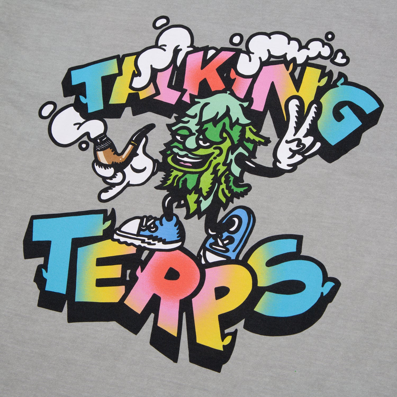 Cartoon cannabis bud with a peace sign and pipe, over colorful text reading Talking Terps.
