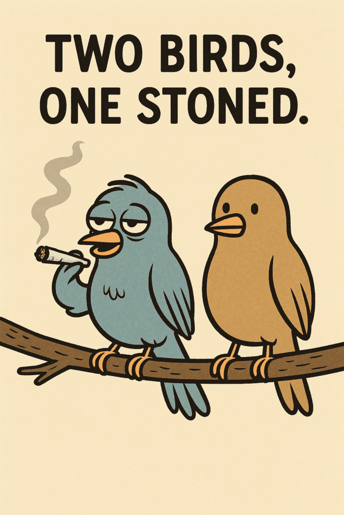 Two cartoon birds on a branch, one holding a joint and looking dazed. Text above reads, TWO BIRDS, ONE STONED.