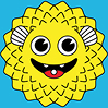 Cute cartoon yellow pufferfish with big eyes and a playful smile on a blue background.