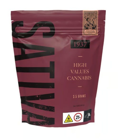 Maroon bag labeled Sativa and High Values Cannabis, 3.5 grams, with age and THC warnings.