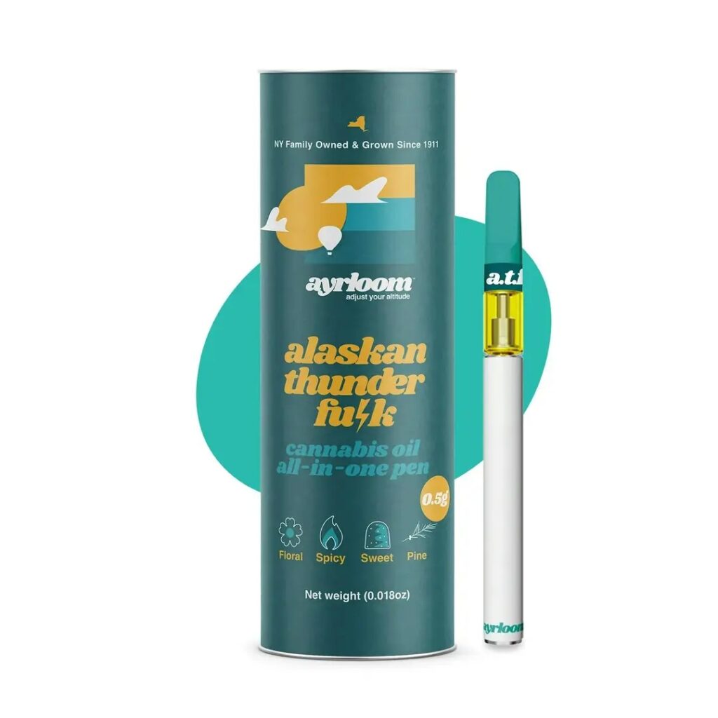 Cannabis oil vape pen and packaging labeled Alaskan Thunder Funk with floral, spicy, sweet, and pine icons.