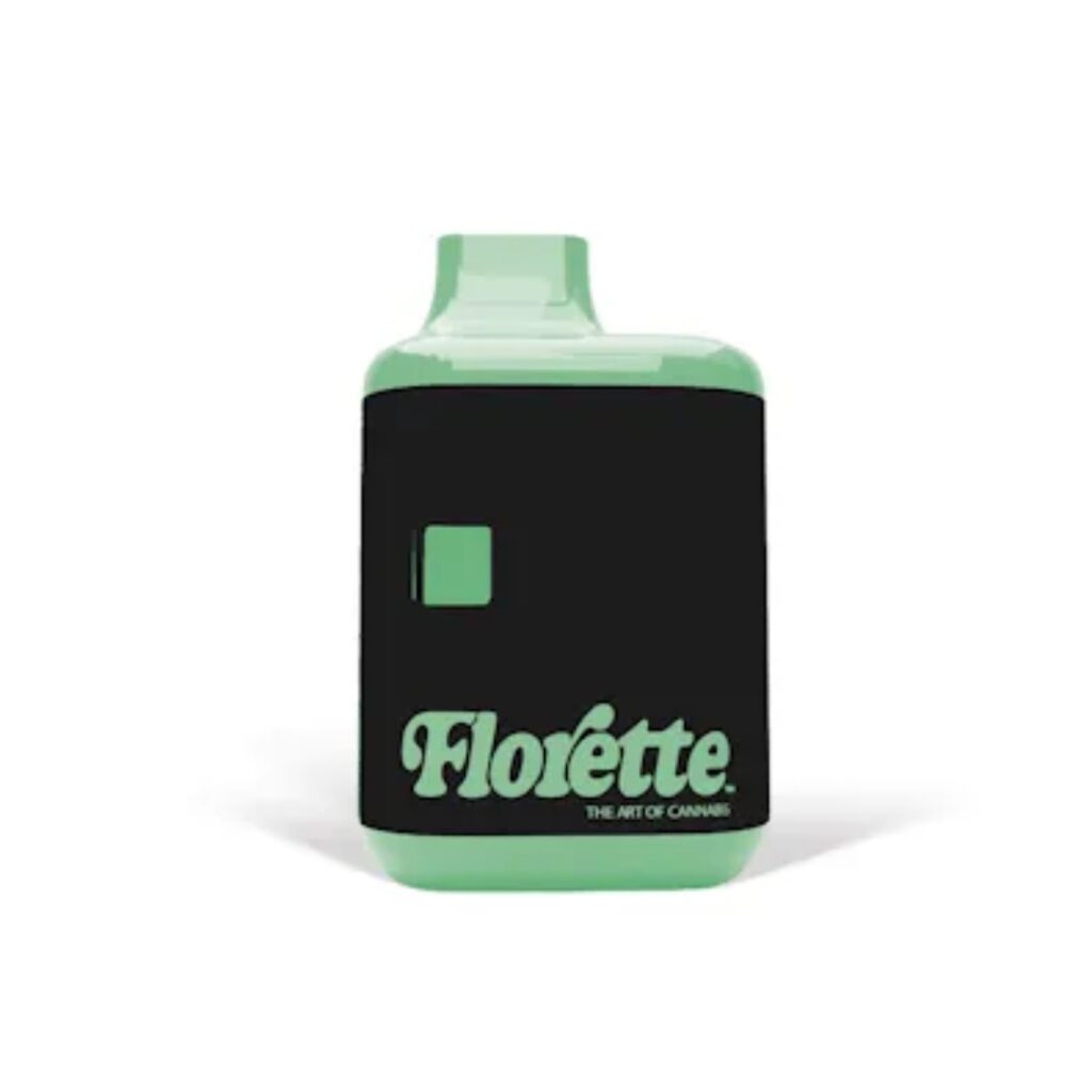 A green and black cannabis container labeled Florette sits on a white background, showcasing the premium Blue Zuchi strain.