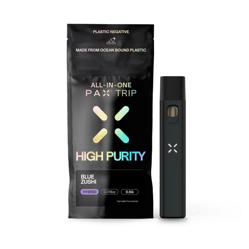 Black PAX Trip vape pen and pouch labeled High Purity, Blue Zuchi strain, and Hybrid.