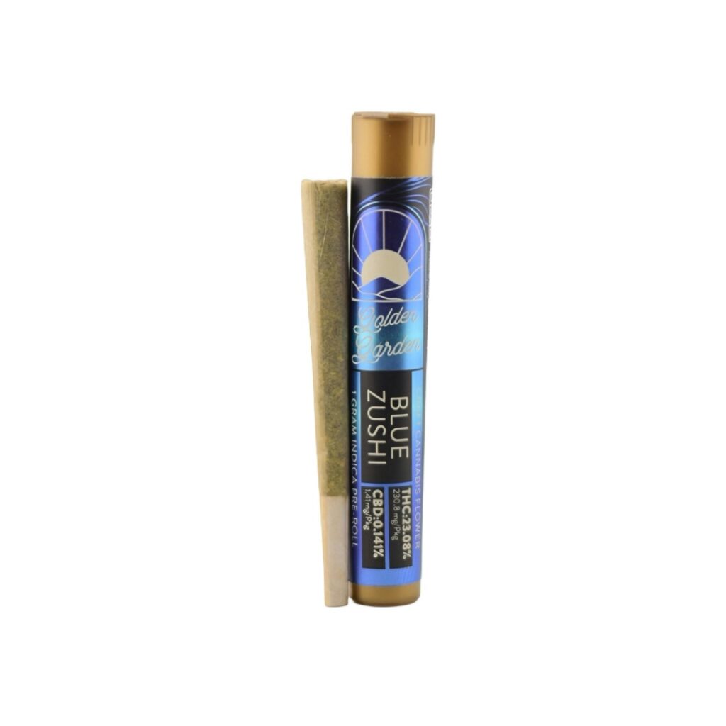 A pre-rolled joint sits beside a blue and gold labeled tube reading Blue Zushi and Golden Eggstrain, featuring the sought-after Blue Zuchi strain.