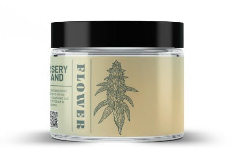Clear plastic jar with a black lid, labeled FLOWER and featuring a cannabis plant illustration on the front. Contains premium Lemon Cherry Gelato for a flavorful experience.