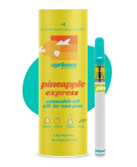 White vape pen and yellow-green tube packaging labeled pineapple express cannabis oil all-in-one pen.