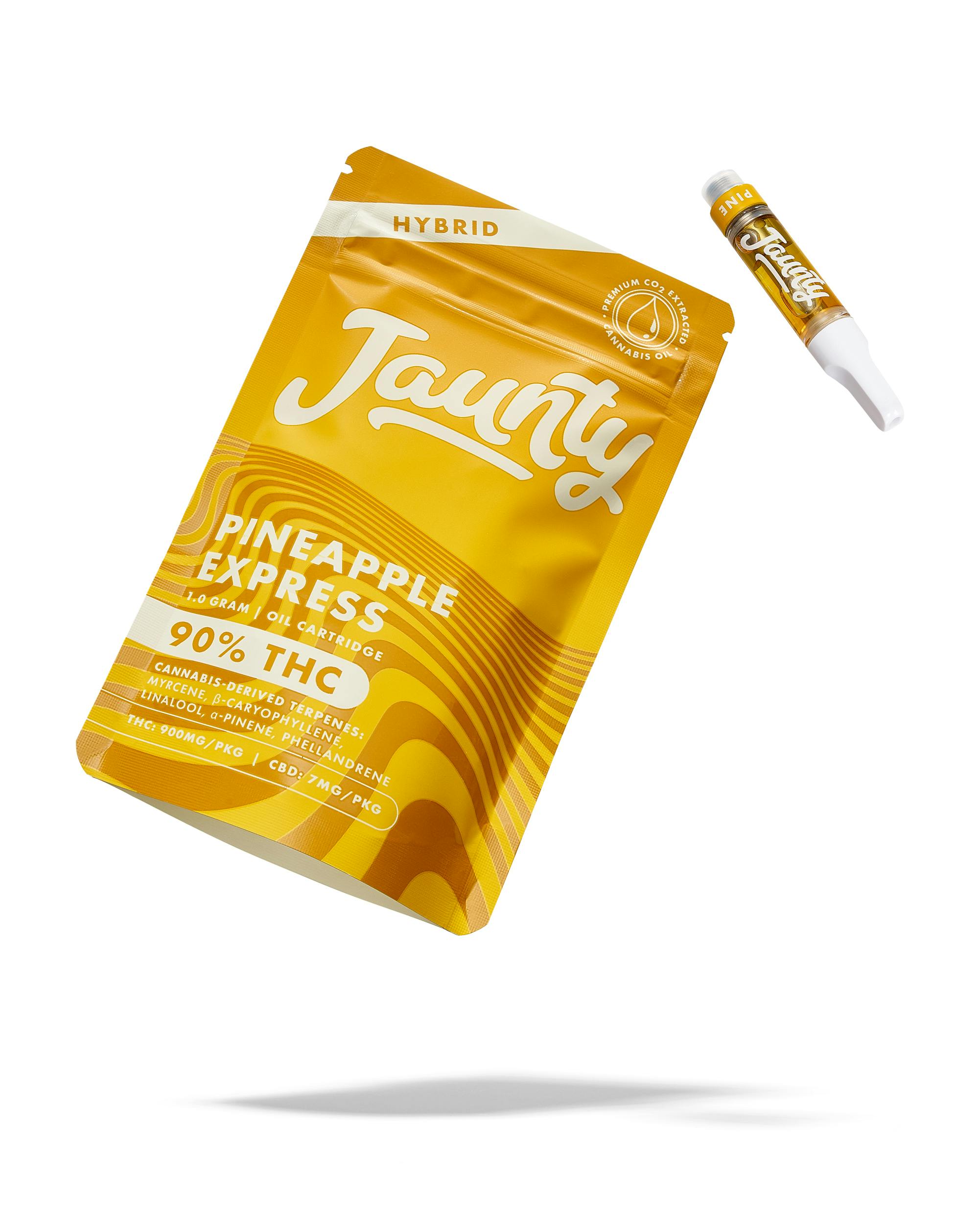Yellow Jaunty Pineapple Express THC vape cartridge packaging and cartridge on a white background.