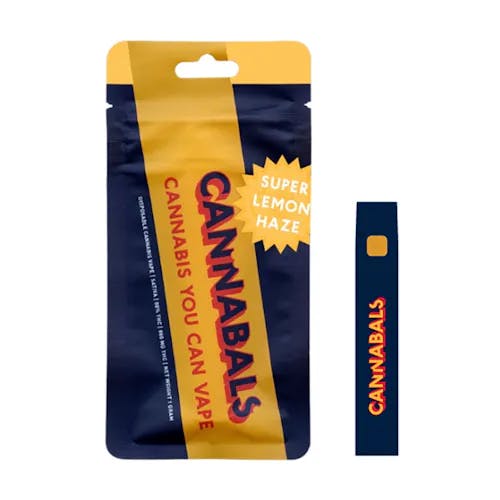 Navy and yellow cannabis vape packaging labeled CANNABALS and Super Lemon Haze, with a matching vape pen.