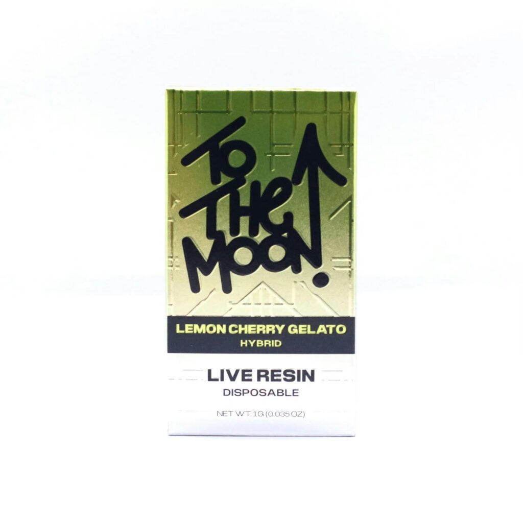 A To The Moon Lemon Cherry Gelato hybrid live resin disposable vape box with striking green and white packaging.