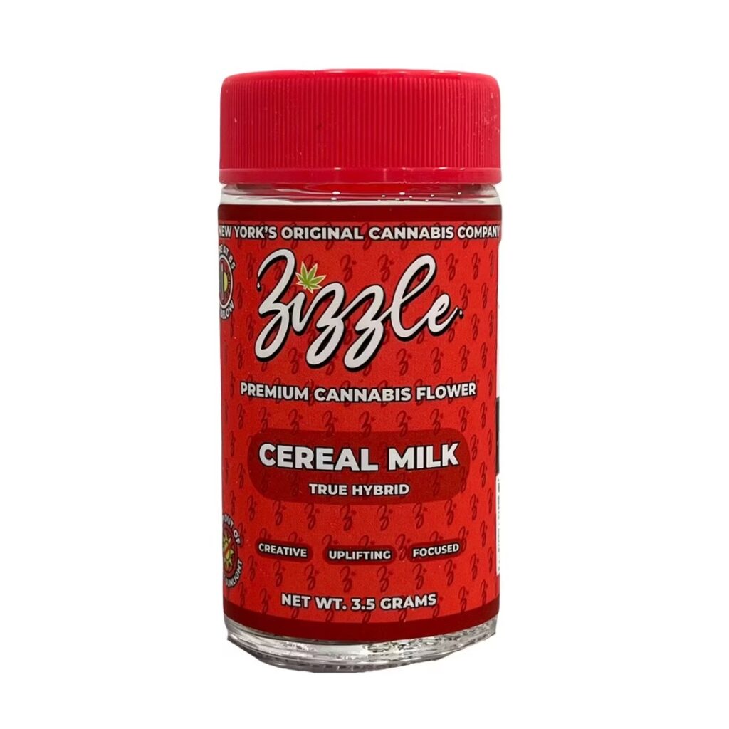 A red jar labeled Zizzle Cereal Milk strain, premium cannabis flower, 3.5 grams, known for creative and uplifting effects.