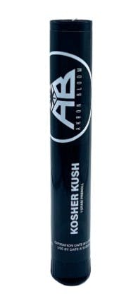 Black tube labeled Kosher Kush with AB logo, used for cannabis storage.
