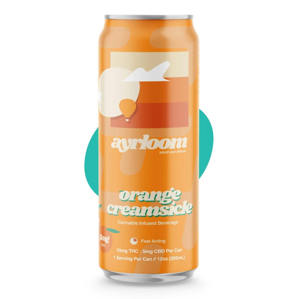 Orange can labeled Ayrloom Orange Creamsicle cannabis infused beverage with THC and CBD details.