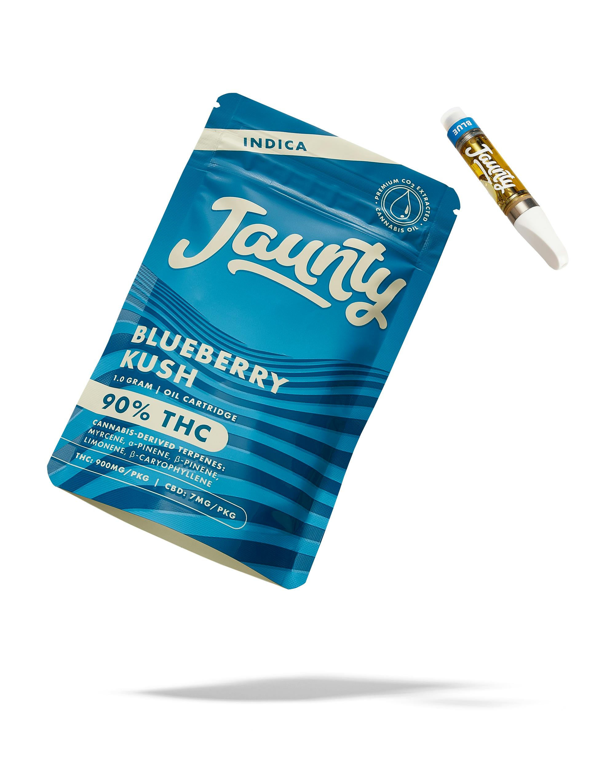 Blue Jaunty Blueberry Kush vape cartridge packaging with a cartridge floating beside it on a white background.