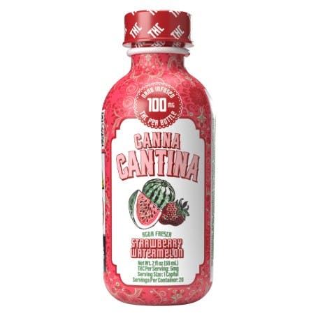A red bottle labeled Canna Cantina strawberry watermelon THC drink with fruit images on the front.
