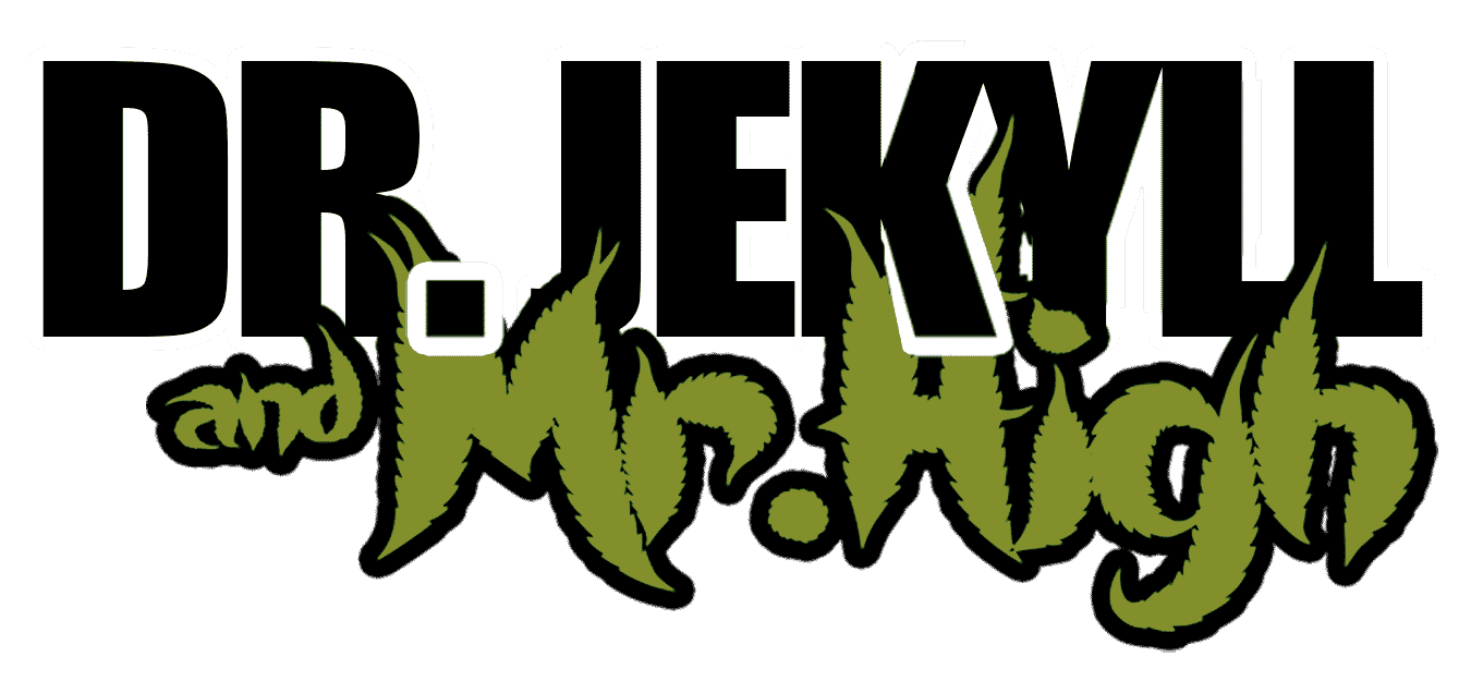 Text logo with Dr. Jekyll in bold black and and Mr. High in jagged, greenish letters.
