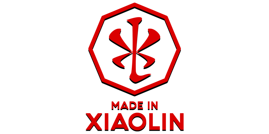 Red octagonal emblem with stylized symbol above the text “MADE IN XIAOLIN” on a white background.